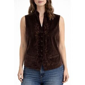 Vtg 90s Y2K Bushwacker Velvet Embroidered Button L Chocolate Brown Vest Academia